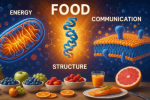 Illustration showing how food supports energy structure and cellular communication with fruits and salmon in the foreground.