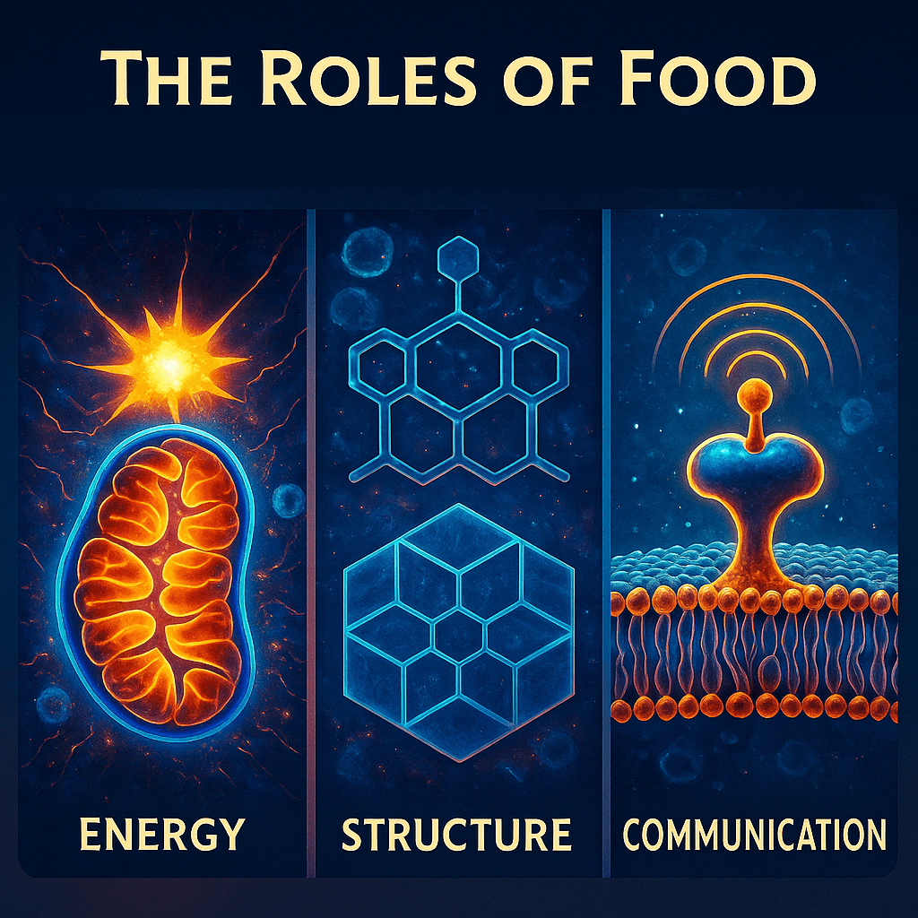 Graphic of mitochondria molecular structure and cell membrane highlighting the three roles of food for a healthy diet.