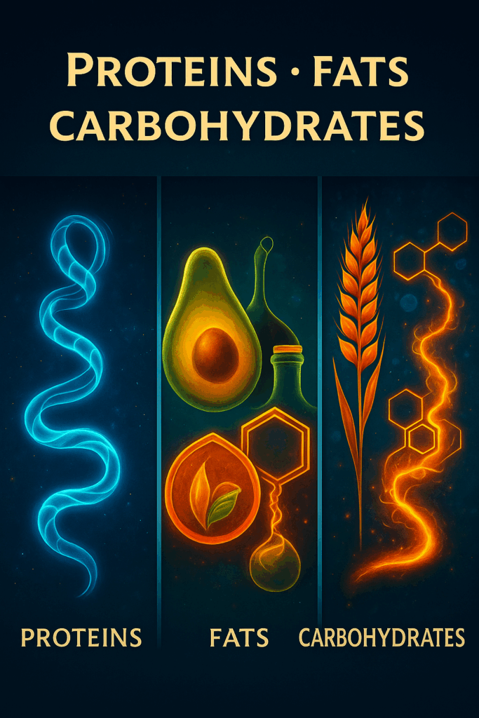 Illustration of proteins fats and carbohydrates with visual icons representing each macronutrient.