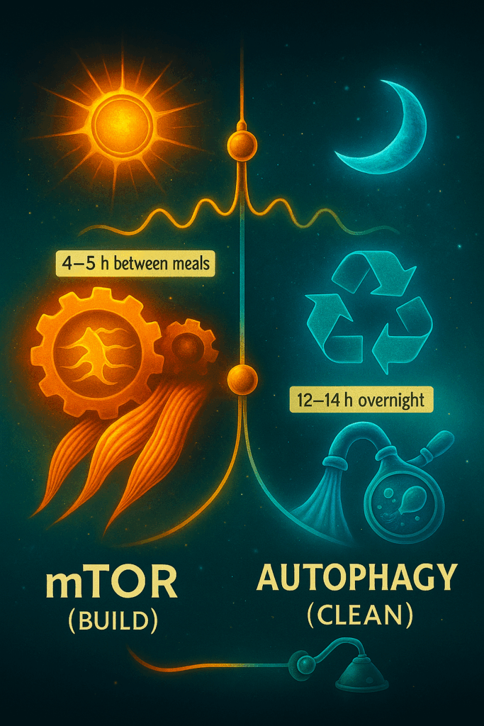 Graphic comparing mTOR growth signals and autophagy repair cycles with timing guidance between meals.