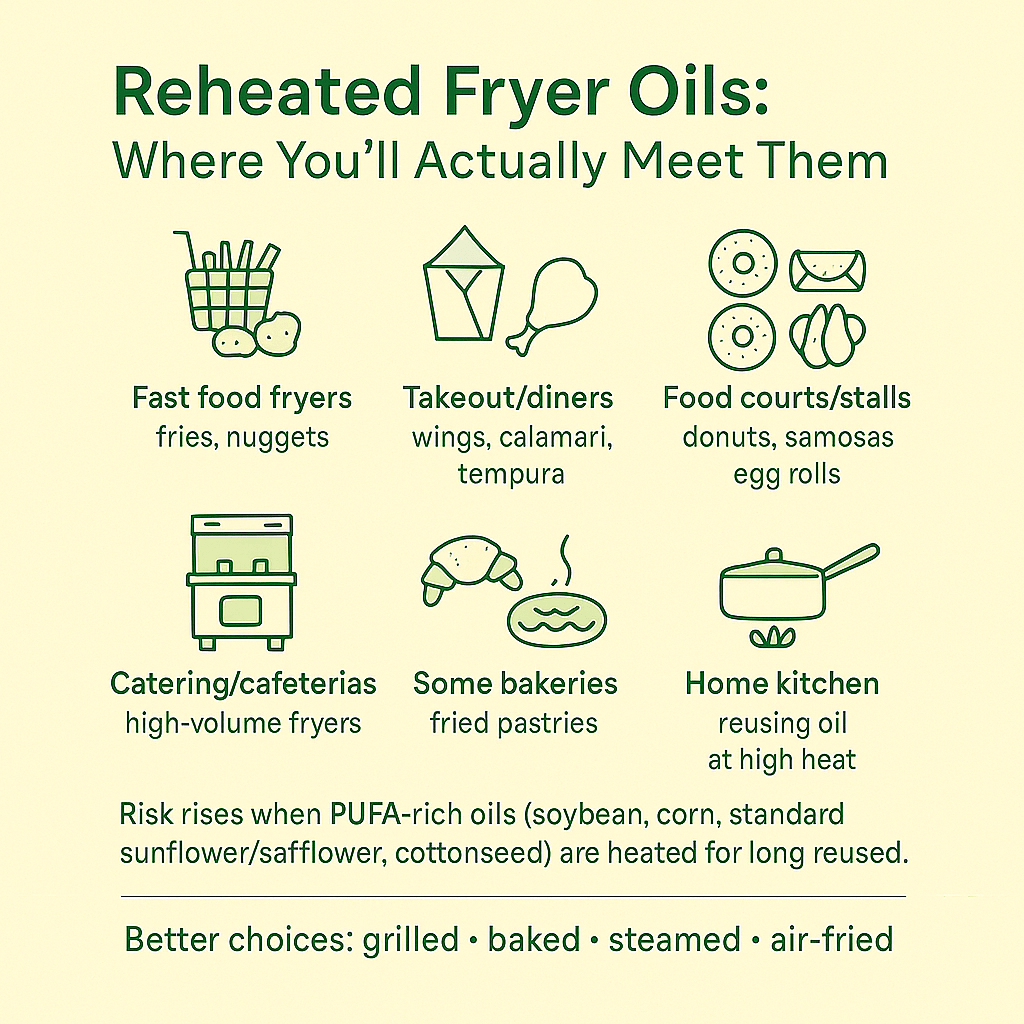 Infographic listing common places where reheated fryer oils are used with examples of safer cooking methods.