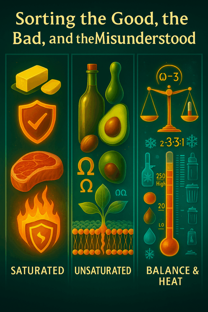 Graphic comparing saturated and unsaturated fats with a focus on omega balance and heat stability.