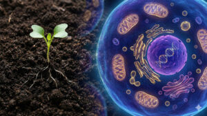 Seedling with visible roots in rich soil beside a detailed human cell illustration showing mitochondria and DNA