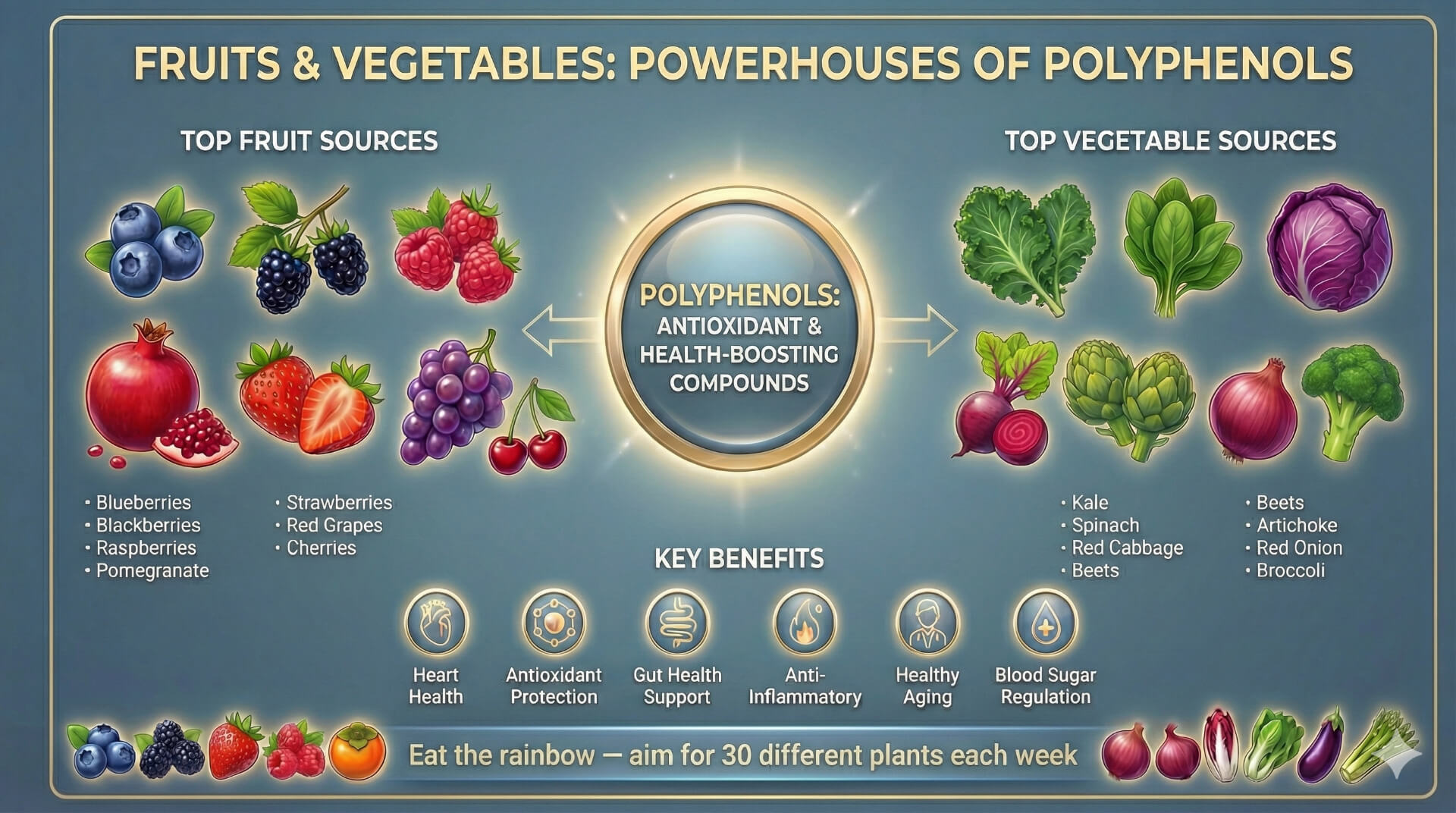 Colourful fruits and vegetables rich in polyphenols with key health benefits including heart health and gut support