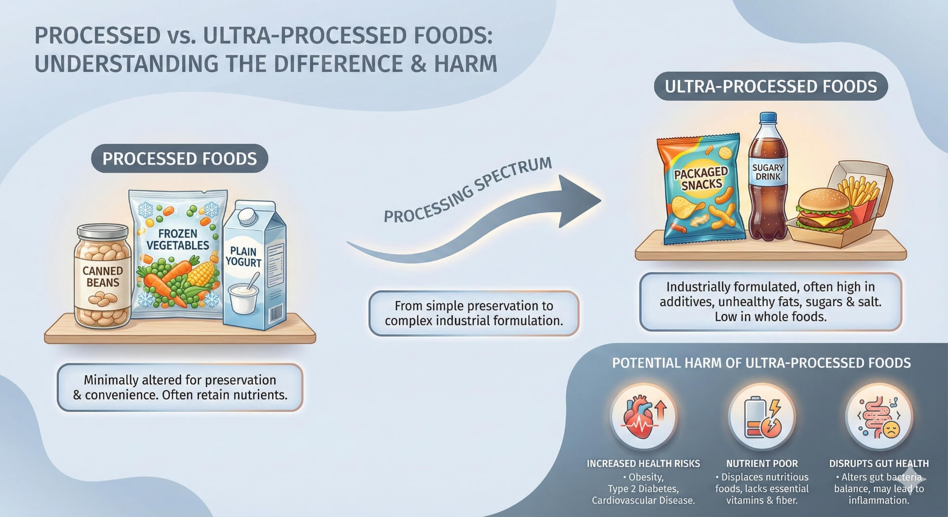 Processing spectrum showing minimally processed foods versus ultra-processed foods and their health impacts