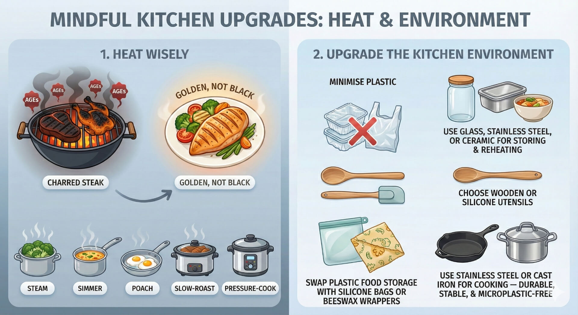 Kitchen tips for healthy cooking showing gentle heat methods and plastic-free storage alternatives