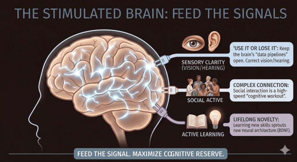 Infographic illustrating three inputs that build cognitive reserve: sensory clarity (correcting vision and hearing to keep neural pathways active), social connection (complex interaction as a cognitive workout), and lifelong learning (acquiring new skills to stimulate BDNF and grow new neural architecture).