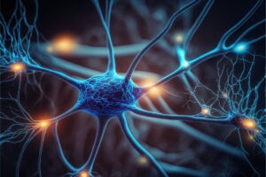 Close-up 3D illustration of interconnected neurons firing across a dark background, with glowing orange synaptic connections and luminous blue dendrites.