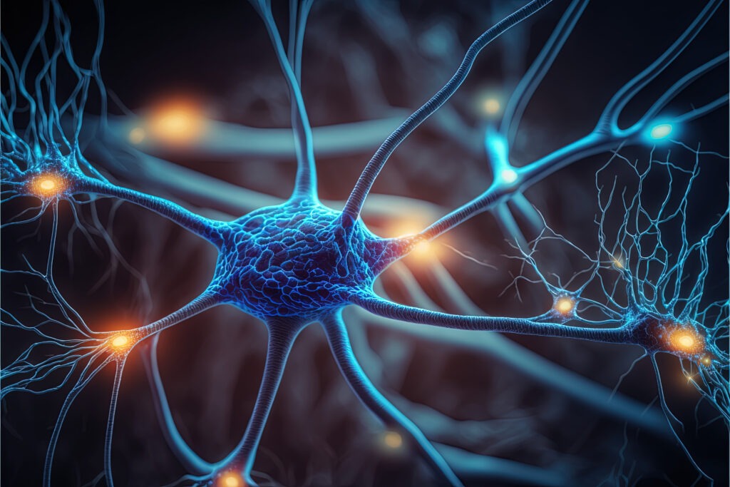 Close-up 3D illustration of interconnected neurons firing across a dark background, with glowing orange synaptic connections and luminous blue dendrites.