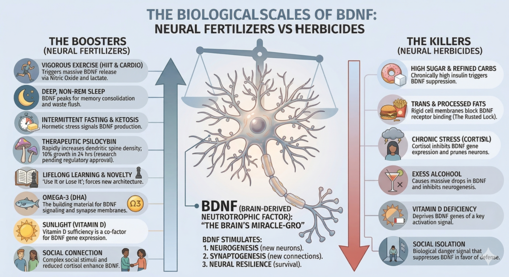 Infographic showing what raises and lowers BDNF, the brain growth protein. Exercise, deep sleep, omega-3s and social connection are top boosters, while sugar, chronic stress, excess alcohol and social isolation suppress BDNF, accelerating the neuronal loss associated with dementia.