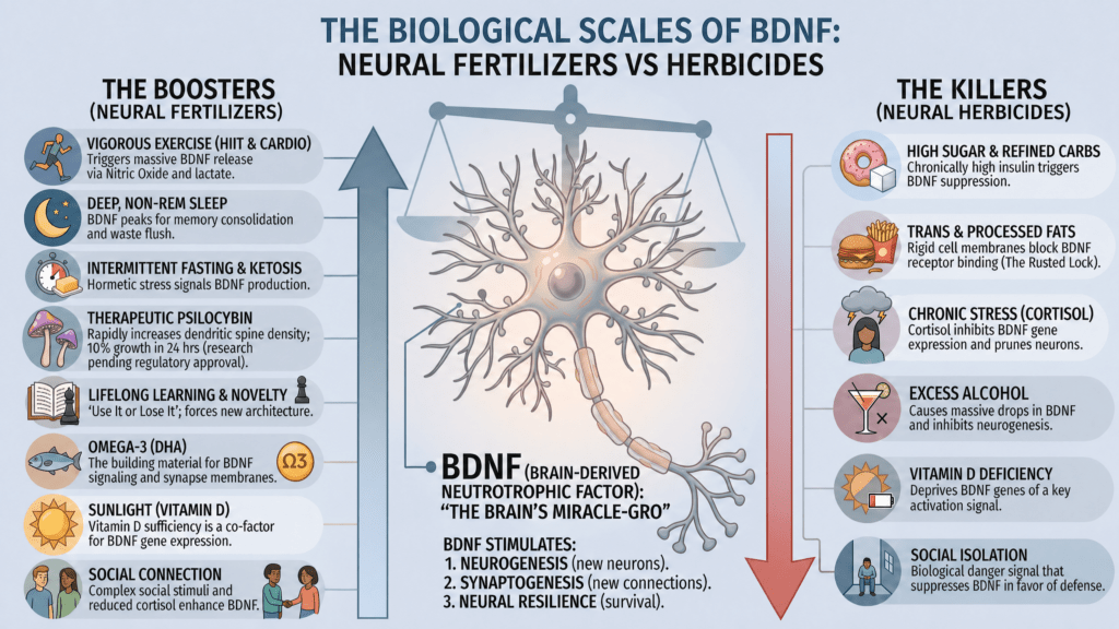 Infographic showing what raises and lowers BDNF, the brain growth protein. Exercise, deep sleep, omega-3s and social connection are top boosters, while sugar, chronic stress, excess alcohol and social isolation suppress BDNF, accelerating the neuronal loss associated with dementia.