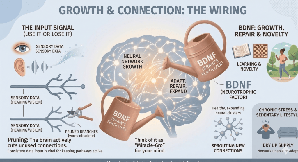 Infographic explaining how the brain builds and prunes neural connections — a process central to dementia prevention. Consistent sensory input keeps pathways active, while unused connections are pruned. BDNF, triggered by learning, novelty and movement, acts as the brain's fertilizer.