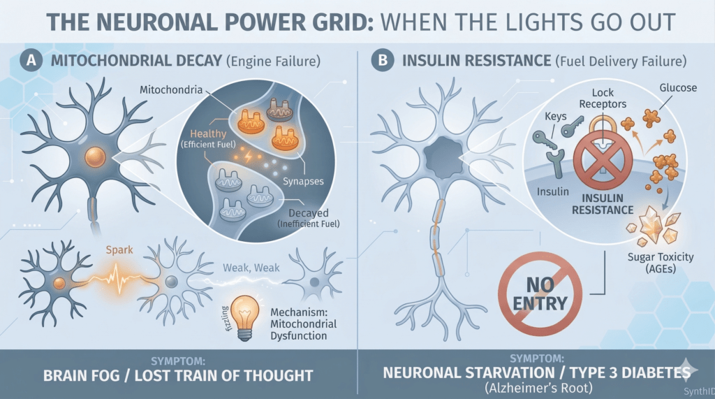 Infographic explaining two neurological mechanisms linked to dementia: mitochondrial decay, which causes brain fog and lost train of thought, and insulin resistance in neurons identified as a root cause of Alzheimer's disease.