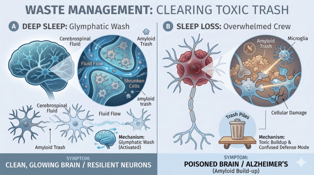 Infographic comparing how sleep affects brain waste clearance and dementia risk. Deep sleep activates the glymphatic system, flushing amyloid proteins via cerebrospinal fluid for clean, resilient neurons. Sleep loss overwhelms this process, causing toxic amyloid buildup and cellular damage.
